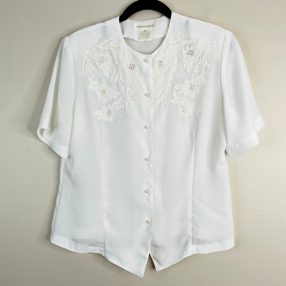 Vintage Cottagecore Embroidered Top Womens 10 Sequin Feminine Career Dainty Twee